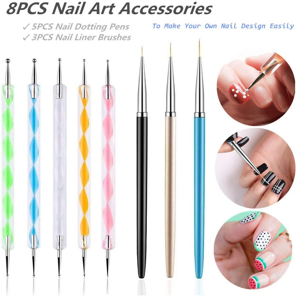 5PCS Dotting Pens with 3PCS Nail Painting Brushes, Multicolor Acrylic & Stainless Steel Nail Art Set