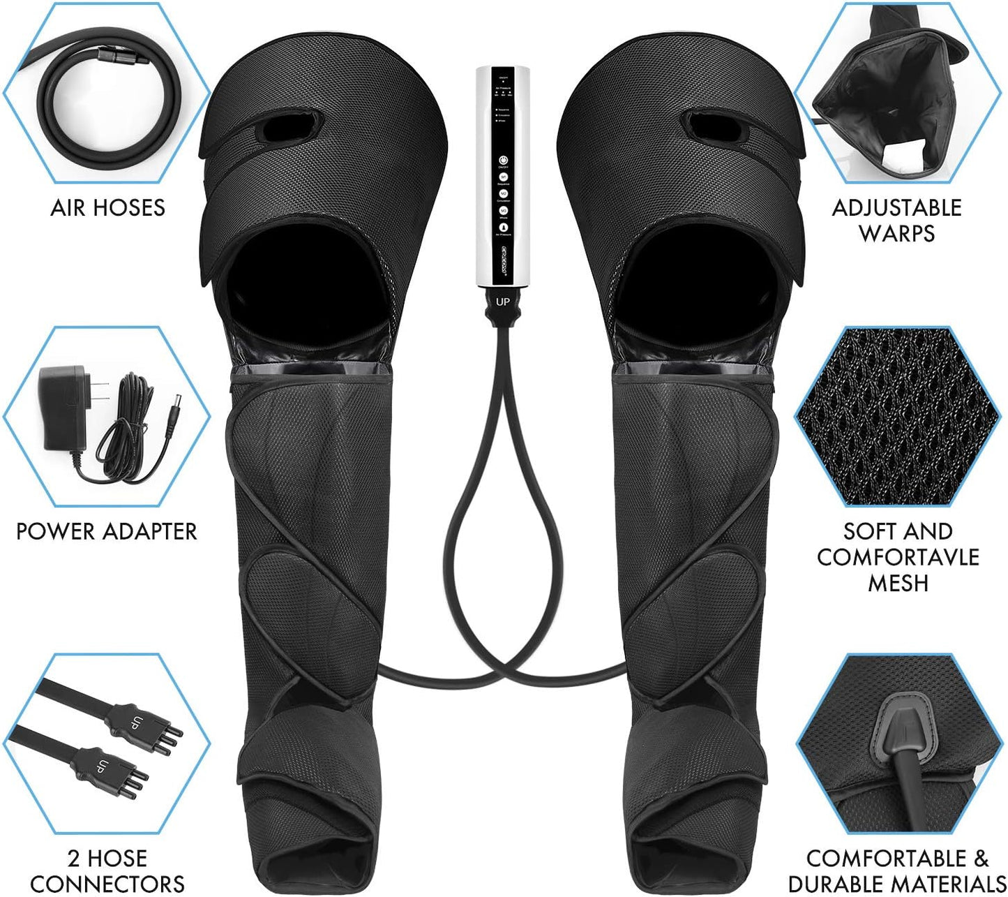 Leg Massager for Circulation and Pain Relief, Air Compression Foot Calf Thigh Massage, Full Leg Massager 3 Modes 3 Intensities 2 Extenders